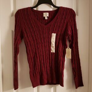 St Johns Bay Women's Burgundy Red Cranberry Cable Knit V-Neck Sweater Medium NWT